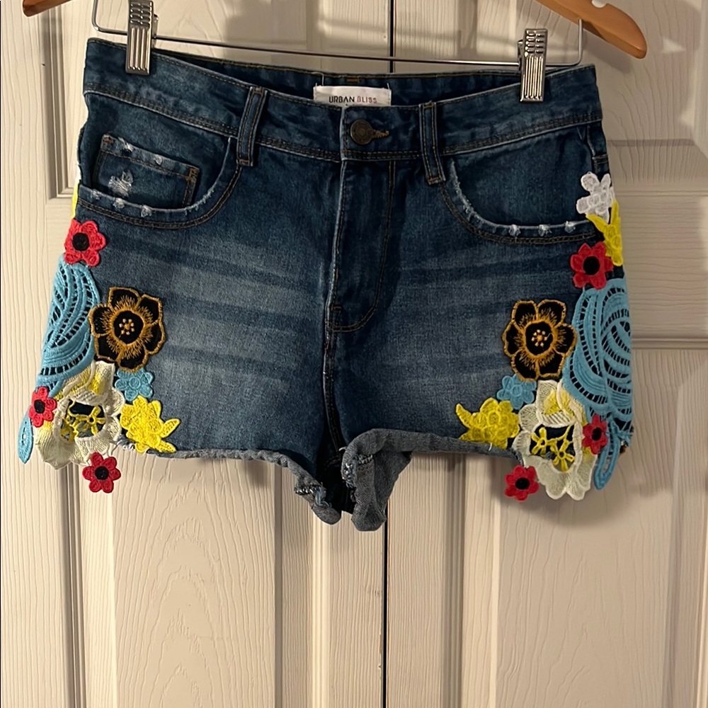 Urban Bliss Blue and Yellow Embroidered Jean Shorts with Distressed Finish